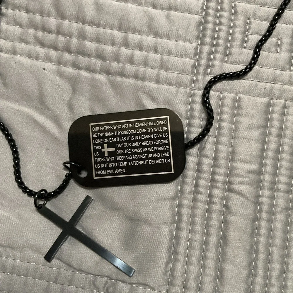 Dog Tags Style Stainless Steel Engraved Scripture Cross Pendant Necklace NWT